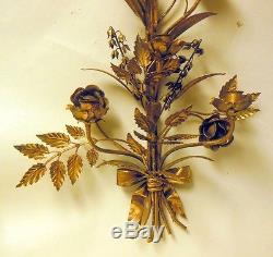 Vtg Italian Gilt Gold Metal Tole Wall Candle Sconce LILY of VALLEY ROSES Regency