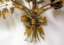 Vtg Italian Gilt Gold Metal Tole Wall Candle Sconce LILY of VALLEY ROSES Regency