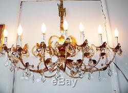 Vtg Italian Gold Leaf Tole Iron 7 Light Wall Sconce Candelabra Crystal Prisms