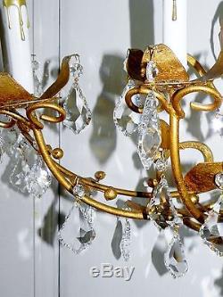 Vtg Italian Gold Leaf Tole Iron 7 Light Wall Sconce Candelabra Crystal Prisms
