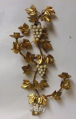 Vtg Italian Gold Metal Tole Wall Sconce 21 Candleholder Grape Clusters Wine