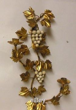 Vtg Italian Gold Metal Tole Wall Sconce 21 Candleholder Grape Clusters Wine