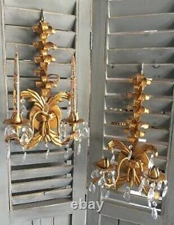 Vtg Italian Tole Gold Gilt Wall Candle Sconces Hollywood Regency Metal Hanging