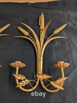 Vtg. Italian gold leaf wheat wall sconce/candleholder pair