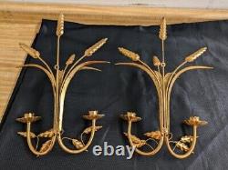 Vtg. Italian gold leaf wheat wall sconce/candleholder pair