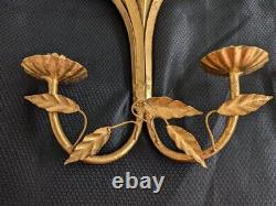 Vtg. Italian gold leaf wheat wall sconce/candleholder pair