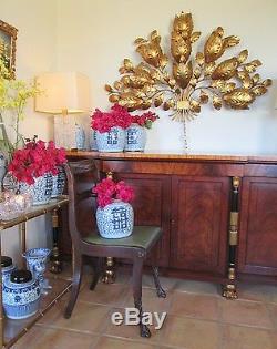 Vtg Large Hollywood Regency Italian Floral Tole Gilt Gold Leaf Wall Lamp Sconce