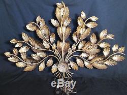 Vtg Large Hollywood Regency Italian Floral Tole Gilt Gold Leaf Wall Lamp Sconce