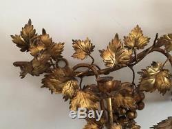 Vtg Lrg Italian Florentine Gold Metal Tole Grape Leaf Wall Candle Holder Sconce