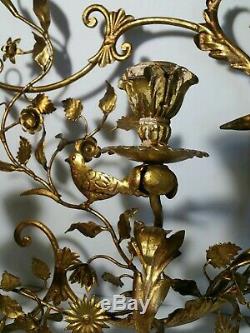 Vtg MCM Hollywood/Italian Regency Gold Gilt Toleware Candle Holder Wall Sconce