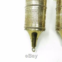 Vtg Mid Century Pair Gold Pierced Metal Hanging Pendant Wall Sconce Light