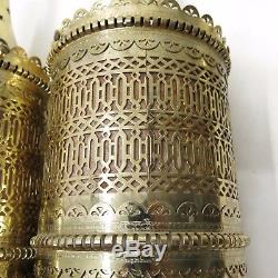 Vtg Mid Century Pair Gold Pierced Metal Hanging Pendant Wall Sconce Light