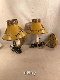 Vtg PAIR Metal Tole Painted Mustard Yellow Gold Wall Sconce Lamp Lights Mid-Cent