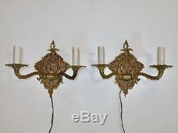 Vtg Pair 2 Brass Candelabra Sconce Wall Light Lamp 2 Arm Electric Candle Spain