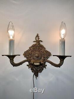 Vtg Pair 2 Brass Candelabra Sconce Wall Light Lamp 2 Arm Electric Candle Spain