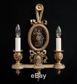Vtg Pair French Empire Neoclassical Goddess Brass Wall Lights SCONCES -Exquisite