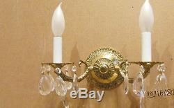 Vtg Pair French Style Brass Crystal Prism Wall Sconce Light Hollywood Regency