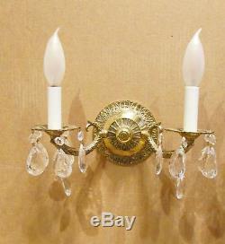 Vtg Pair French Style Brass Crystal Prism Wall Sconce Light Hollywood Regency