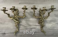 Vtg Pair Hollywood Regency Rococo Brass 3 Arm Sconces Wall Candleholder Glo- Mar