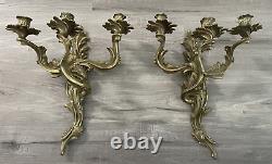 Vtg Pair Hollywood Regency Rococo Brass 3 Arm Sconces Wall Candleholder Glo- Mar