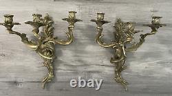 Vtg Pair Hollywood Regency Rococo Brass 3 Arm Sconces Wall Candleholder Glo- Mar