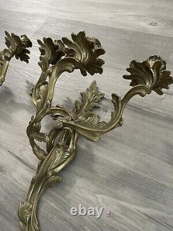 Vtg Pair Hollywood Regency Rococo Brass 3 Arm Sconces Wall Candleholder Glo- Mar