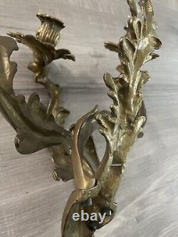 Vtg Pair Hollywood Regency Rococo Brass 3 Arm Sconces Wall Candleholder Glo- Mar