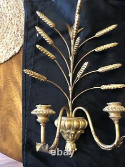 Vtg Pair Hollywood Regency Wheat Sheaf Wall Candle Holder Sconces Gold Gilt MCM