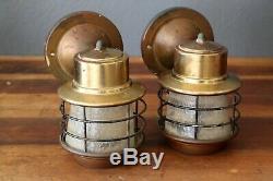 Vtg Pair Mission Style Arts and Crafts Hanging Wall Sconces Brass nautical boat