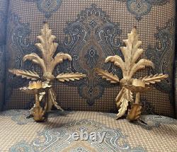 Vtg Pair of Italian Gilt Gold Fleur De Lis Wall Sconce Candle Holders