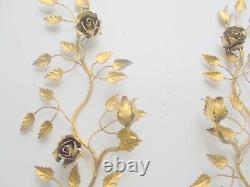 Vtg Pr Gold Gilt TOLE METAL Wall Sconces Candleholders ROCOCO Italian French
