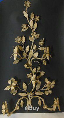 Vtg TOLE Metal Candleholder Wall Sconce Italian Flowers Tall 30 1/2 Creme Gold
