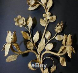 Vtg TOLE Metal Candleholder Wall Sconce Italian Flowers Tall 30 1/2 Creme Gold