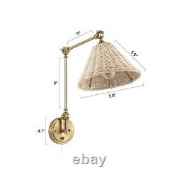 WINGBO Gold Rattan Swing Arm Wall Lamp Set of 2 Adjustable