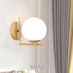 Wall Sconce Lighting, White Glass Globe, Gold Wall Lamp, Mid-Century Modern Sty