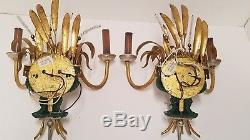 Wall Sconce Pair Antique Hollywood Regency Metal glass Patina 1950s 2 Arms Gold