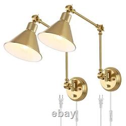 Wall Sconces Plug in, Dimmable Wall Sconces Brushed Brass Swing 2 Pack Gold