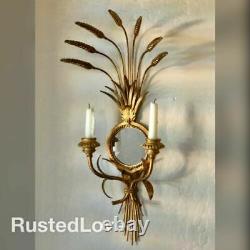 Wheat wall Mirror Sconce Candle Holder Gold Gilt MCM Toleware Hollywood Regency