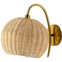 Woven Rattan Wicker Wall Sconce Lamp Light withGold Arm Base Boho Coastal Accent
