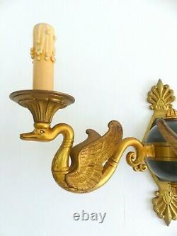 XXL ANTIQUE PAIR French Empire Wall Light Sconce RARE 3 Lights Swan Bronze 1920