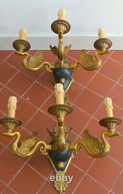 XXL ANTIQUE PAIR French Empire Wall Light Sconce RARE 3 Lights Swan Bronze 1920