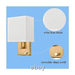 YUBOLE Gold Wall Sconces Plug in Bedroom Wall Lights with White Linen Shade S