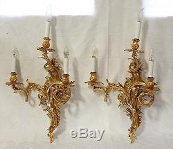 (x2) VINTAGE 1950s ITALIAN ROCOCO SOLID BRASS With GOLD GILT ELECTRIC WALL SCONCES
